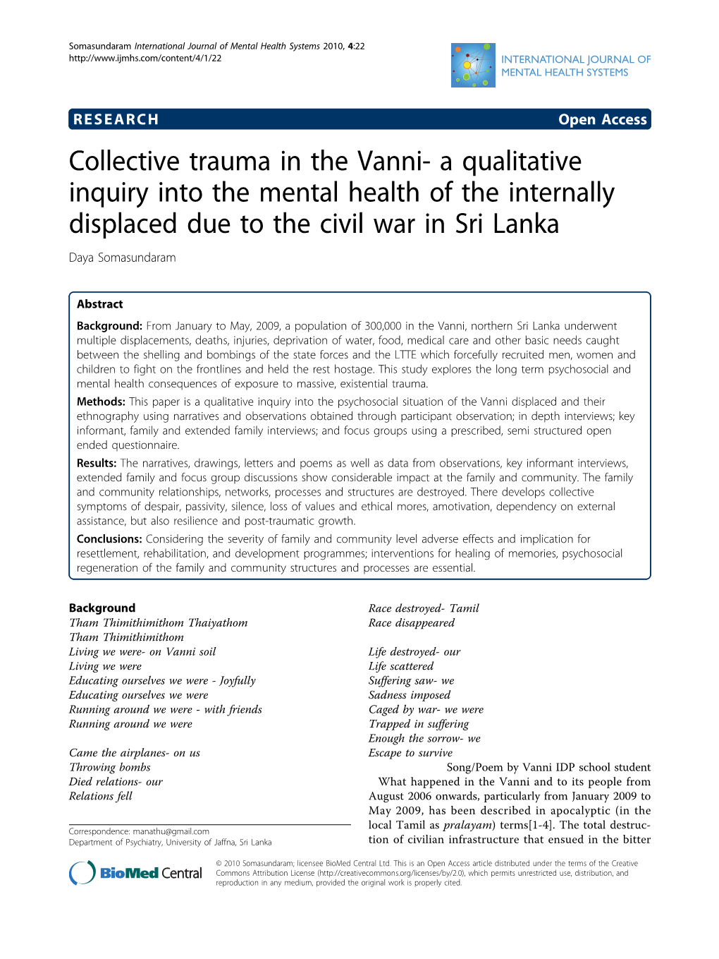 Collective Trauma in the Vanni- a Qualitative Inquiry Into the Mental Health of the Internally Displaced Due to the Civil War in Sri Lanka Daya Somasundaram
