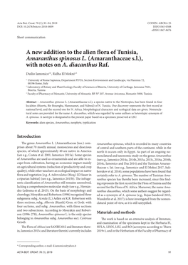 A New Addition to the Alien Flora of Tunisia, Amaranthus Spinosus L. (Amaranthaceae S.L.), with Notes on A