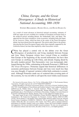 China, Europe, and the Great Divergence: a Study in Historical National Accounting, 980–1850