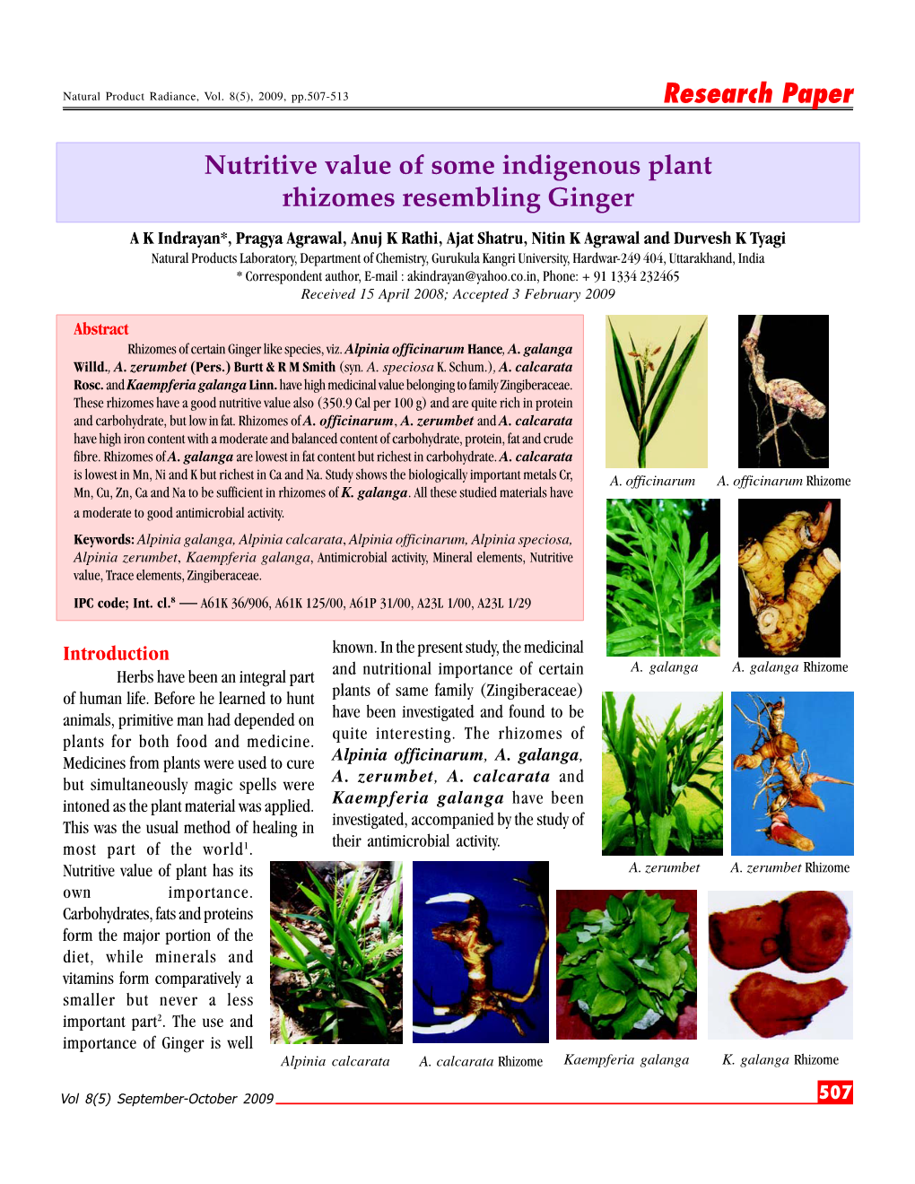 Research Paper Nutritive Value of Some Indigenous Plant Rhizomes Resembling Ginger