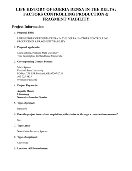 LIFE HISTORY of EGERIA DENSA in the DELTA: FACTORS CONTROLLING PRODUCTION & FRAGMENT VIABILITY Project Information