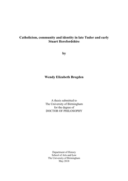 Catholicism, Comunity and Identity in Late Tudor and Early Stuart Herefordshire