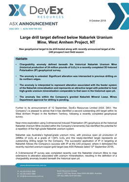 Drill Target Defined Below Nabarlek Uranium Mine, NT