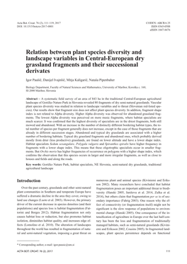 Relation Between Plant Species Diversity and Landscape Variables in Central-European Dry Grassland Fragments and Their Successional Derivates