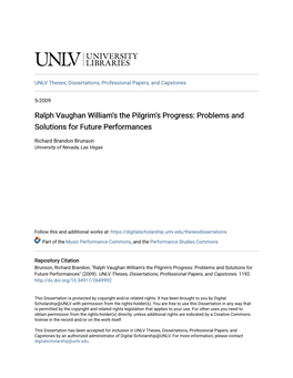 Ralph Vaughan William's the Pilgrim's Progress: Problems and Solutions for Future Performances