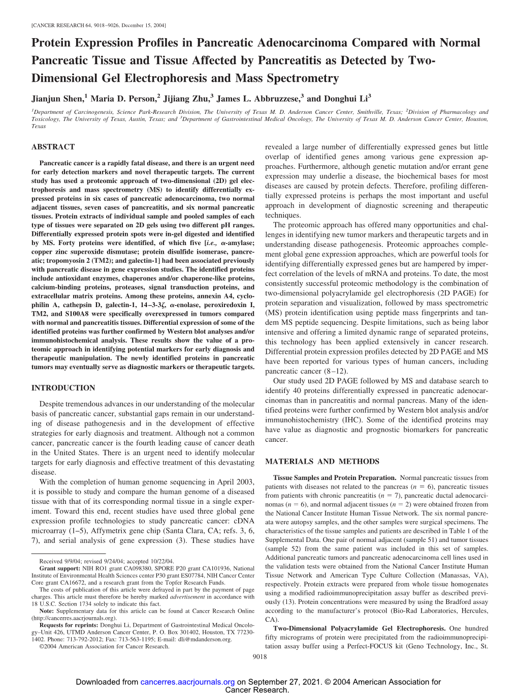 Protein Expression Profiles in Pancreatic Adenocarcinoma