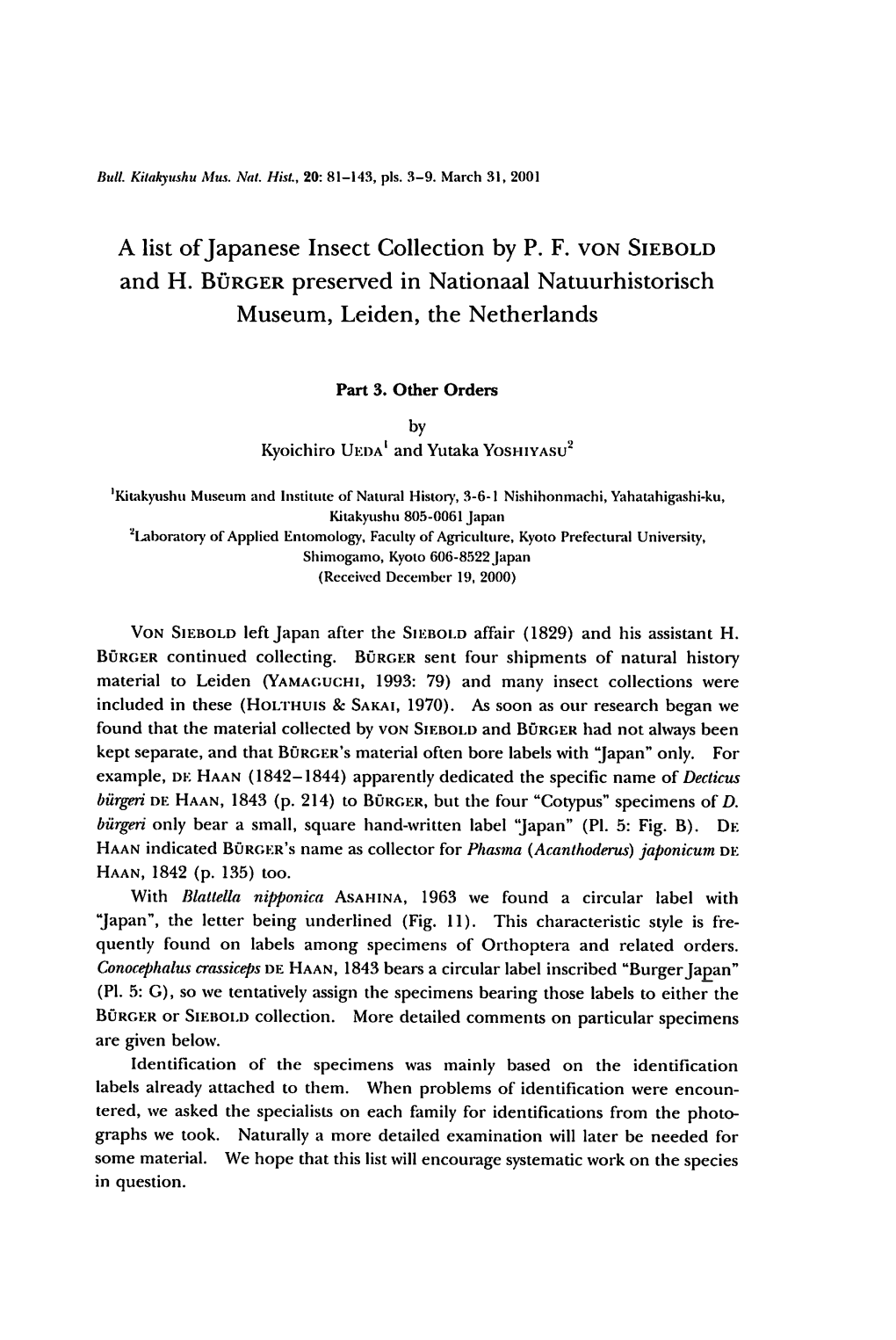 A List Ofjapanese Insect Collection by P. F. Von Siebold and H. Burger Preserved in Nationaal Natuurhistorisch Museum, Leiden, the Netherlands