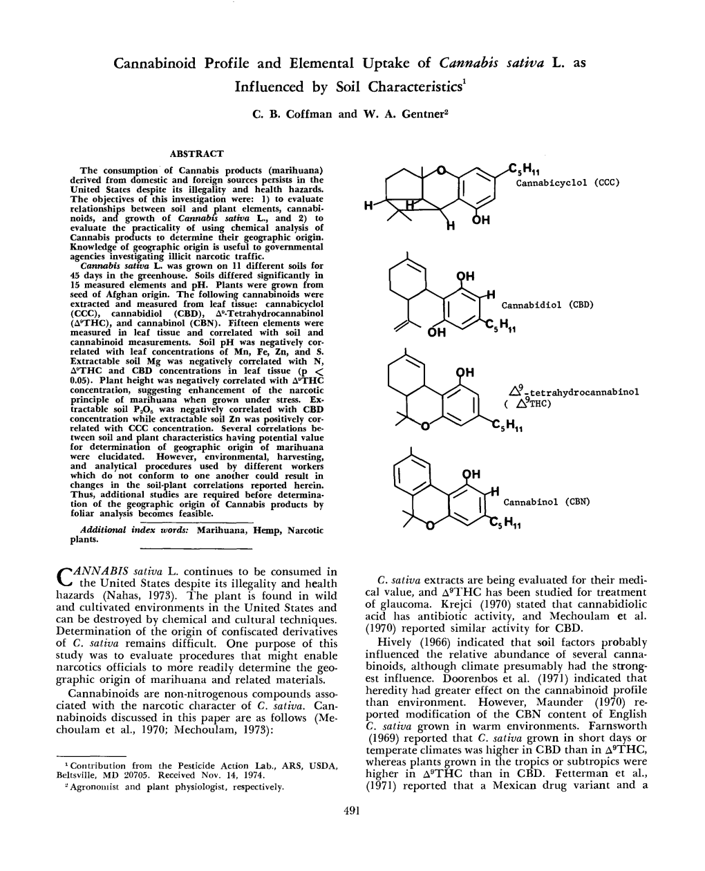 Cannabinoid Profile and Elemental Uptake of Cannabis Sativa L. As ¯ ¯ 1 Influenced by Soil Characterxst,Cs