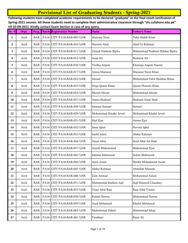 Provisional List of Graduating Students