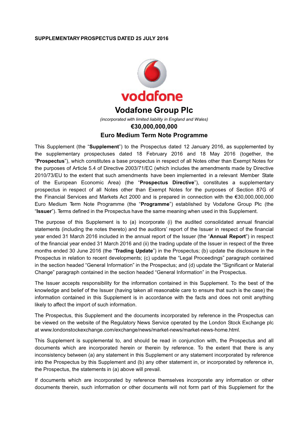 Vodafone Group Plc (Incorporated with Limited Liability in England and Wales) €30,000,000,000 Euro Medium Term Note Programme