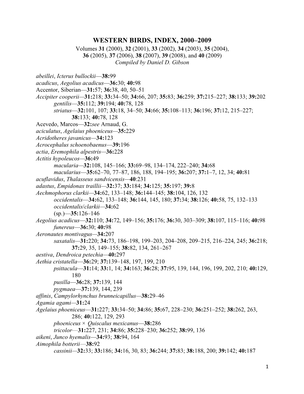 Western Birds, Index, 2000–2009