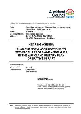 Hearing Agenda Plan Change 4 - Corrections to Technical Errors and Anomalies in the Auckland Unitary Plan Operative in Part