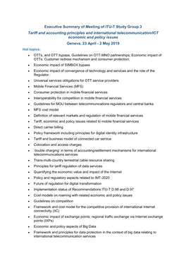 Executive Summary of Meeting of ITU-T Study Group 3 Tariff And