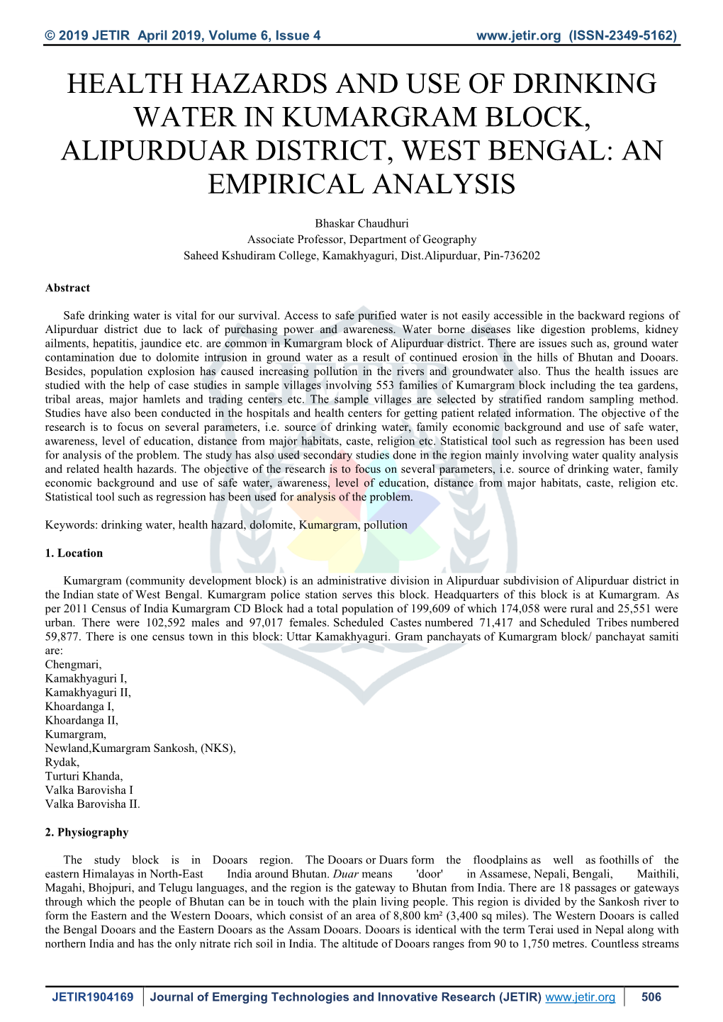 Health Hazards and Use of Drinking Water in Kumargram Block, Alipurduar District, West Bengal: an Empirical Analysis