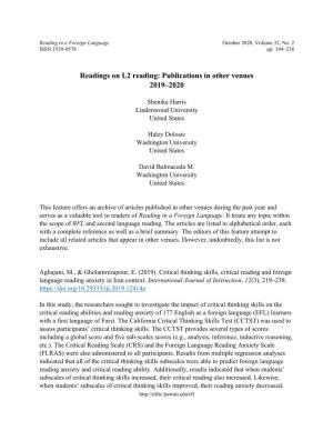 Readings on L2 Reading: Publications in Other Venues 2019-2020