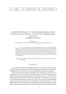 Australian Marsh Beetles. 3. a Restricted Concept of Genus Cyphon, Australian Species of Cyphon S. Str., and the New Australasia