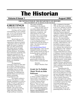 The Historian Volume 6 Issue 1 August 2002 the NEWSLETTER of the DEPARTMENT of HISTORY the UNIVERSITY of ALABAMA in HUNTSVILLE They Made Outstanding 1959