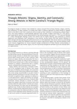 Triangle Atheists: Stigma, Identity, and Community Among Atheists in North Carolina’S Triangle Region