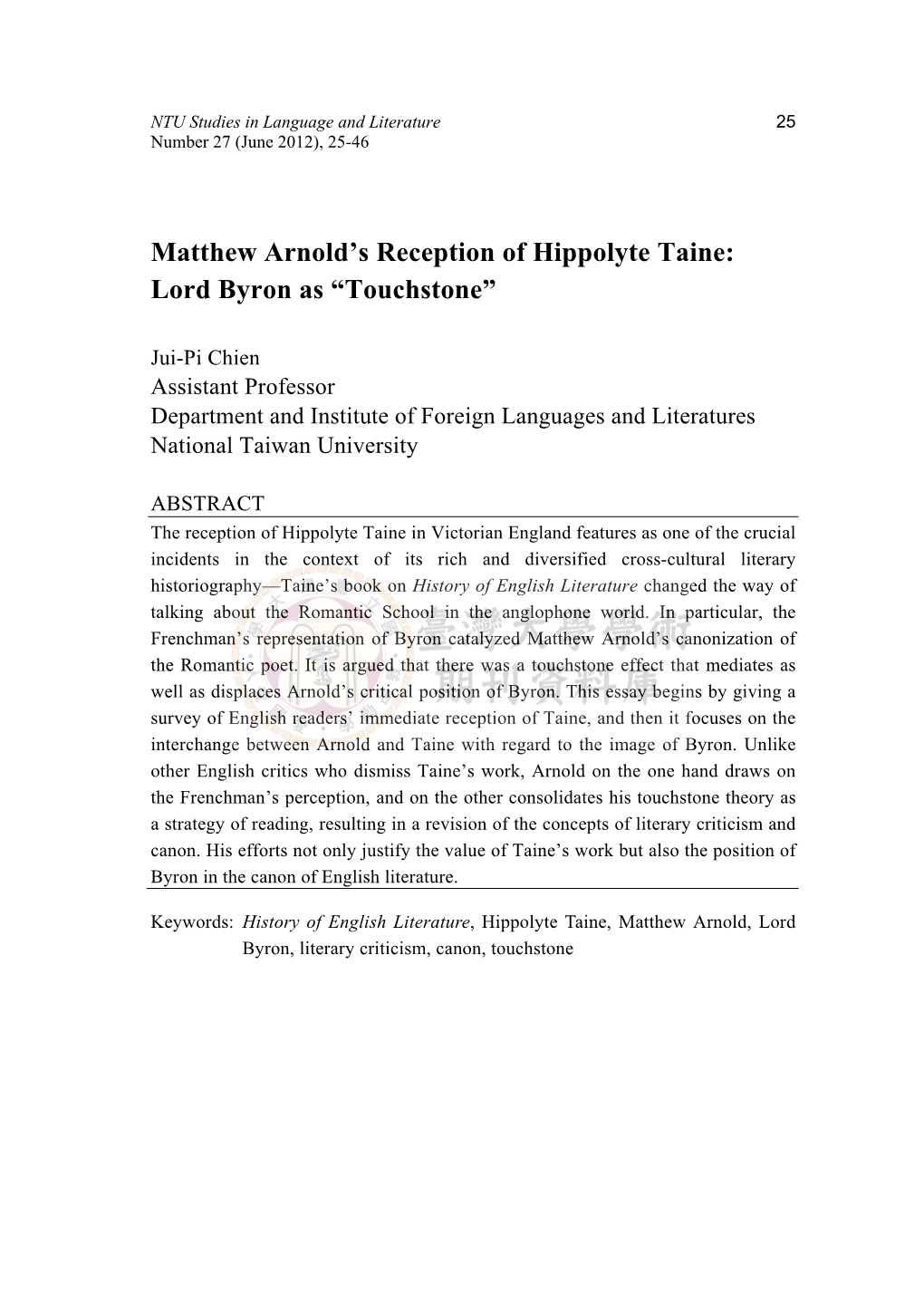 Matthew Arnold's Reception of Hippolyte Taine