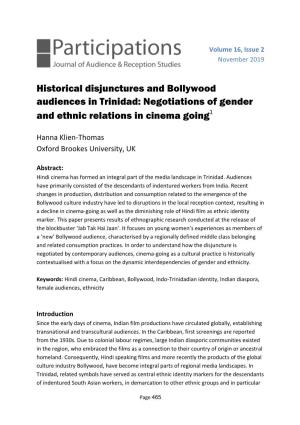 Historical Disjunctures and Bollywood Audiences in Trinidad: Negotiations of Gender and Ethnic Relations in Cinema Going1