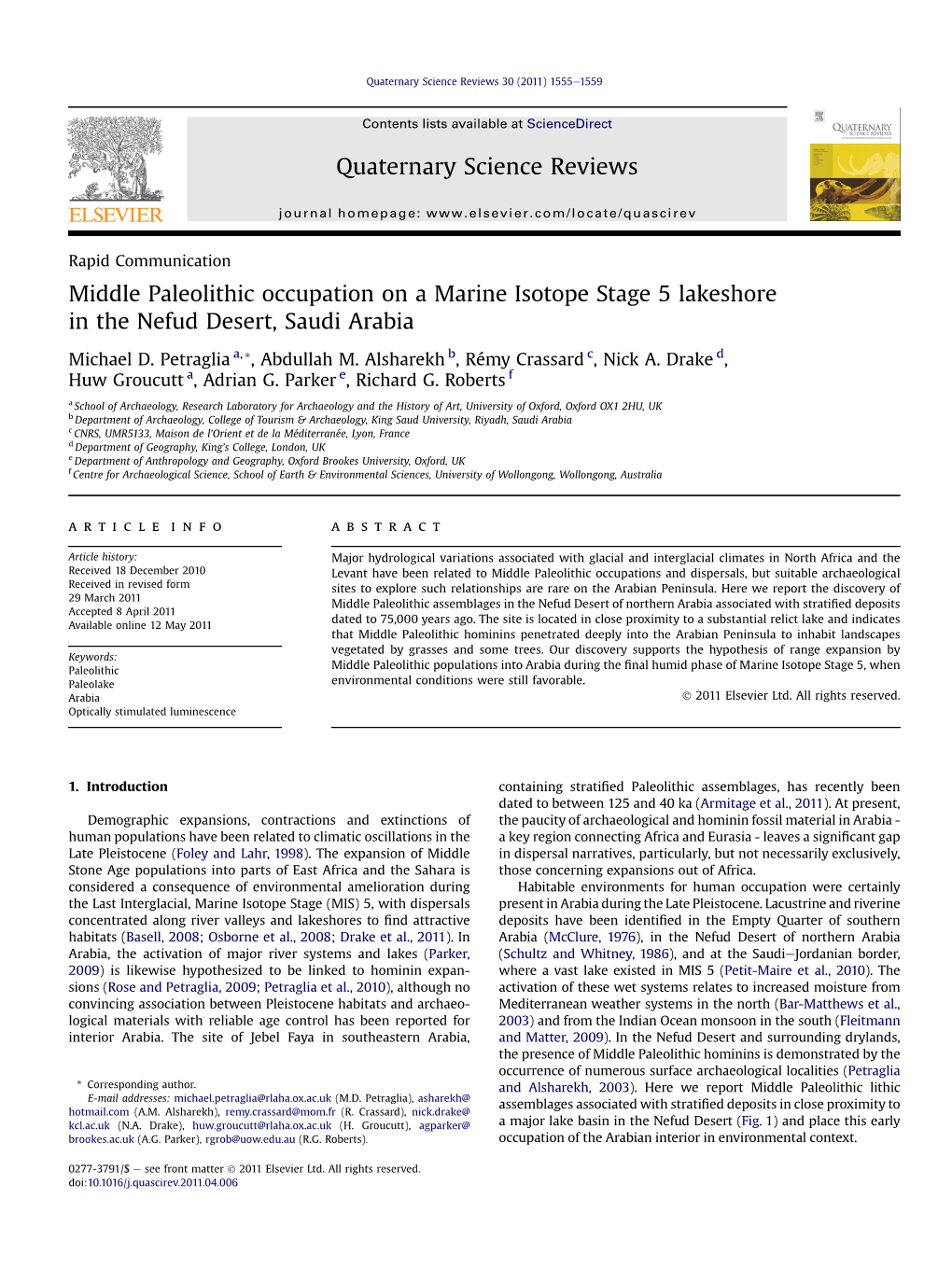 Middle Paleolithic Occupation on a Marine Isotope Stage 5 Lakeshore in the Nefud Desert, Saudi Arabia