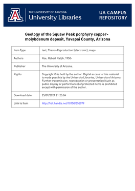 Geology of the Squaw Peak Porphyry Copper- Molybdenum Deposit, Yavapai County, Arizona