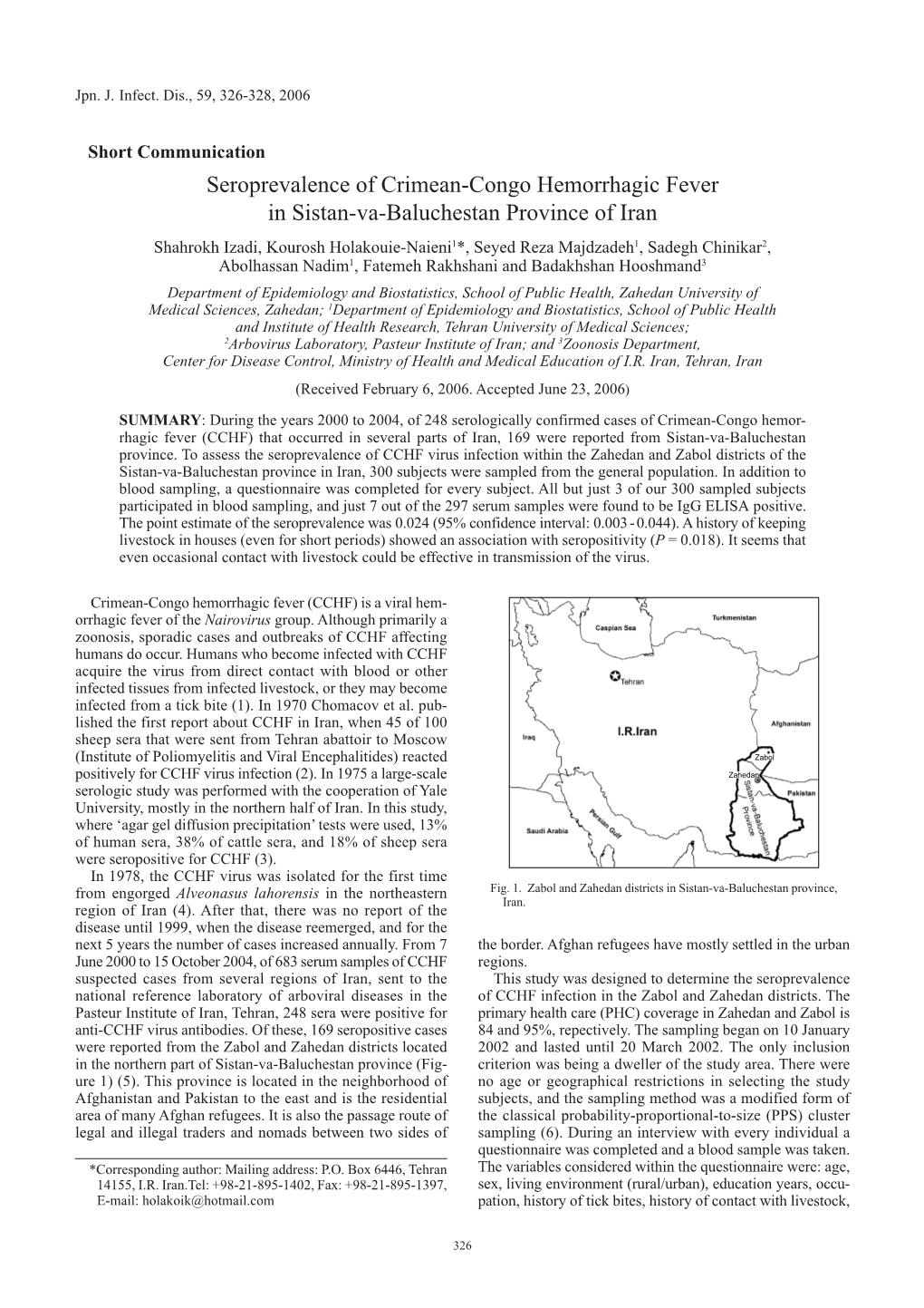 Seroprevalence of Crimean-Congo Hemorrhagic Fever in Sistan-Va