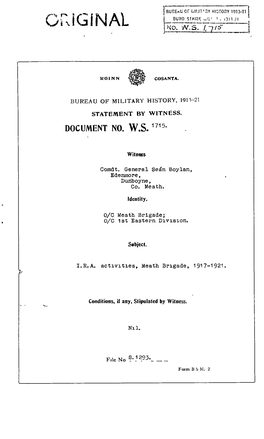 ROINN COSANTA. BUREAU of MILITARY HISTORY, 1913-21 STATEMENT by WITNESS. DOCUMENT NO. W.S. 1715. Witness Comdt. General Seán Bo
