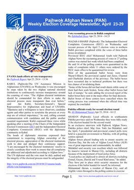 Pajhwok Afghan News (PAN) Weekly Election Coverage Newsletter, April 23-29