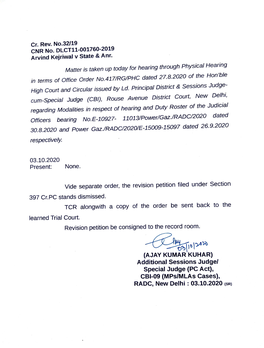 (AJAY KUMAR KUHAR) Additional Sessions Judgel Special Judge (Pcact), CBI-09 (Mps/Mlas Cases), RADC, New Delhi: 03.10.2020 (SR) KUMAR in the COURT of SH