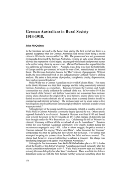 German Australians in Rural Society 1914-1918