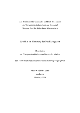Syphilis Im Hamburg Der Nachkriegszeit.Anna Valentina Lahn