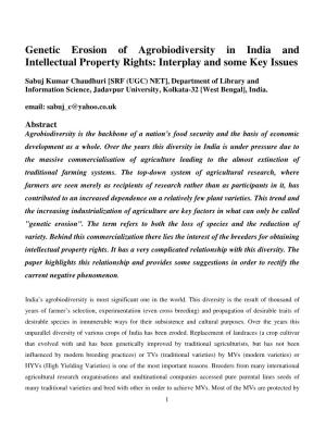 Genetic Erosion of Agrobiodiversity in India and Intellectual Property Rights: Interplay and Some Key Issues
