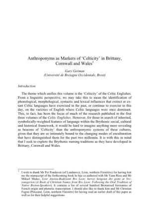 Anthroponyms As Markers of 'Celticity' in Brittany, Cornwall and Wales