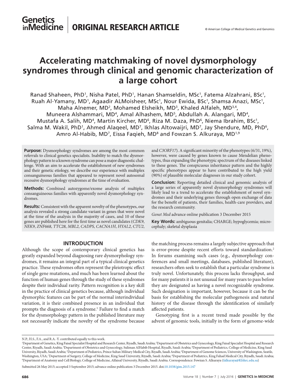 Accelerating Matchmaking of Novel Dysmorphology Syndromes Through Clinical and Genomic Characterization of a Large Cohort