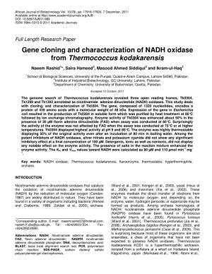 Gene Cloning and Characterization of NADH Oxidase from Thermococcus Kodakarensis