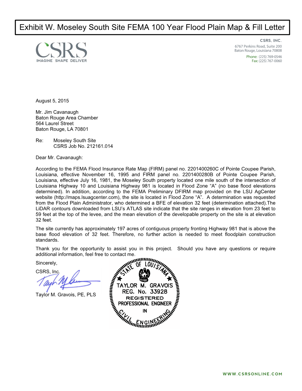 Exhibit W. Moseley South Site FEMA 100 Year Flood Plain Map & Fill Letter