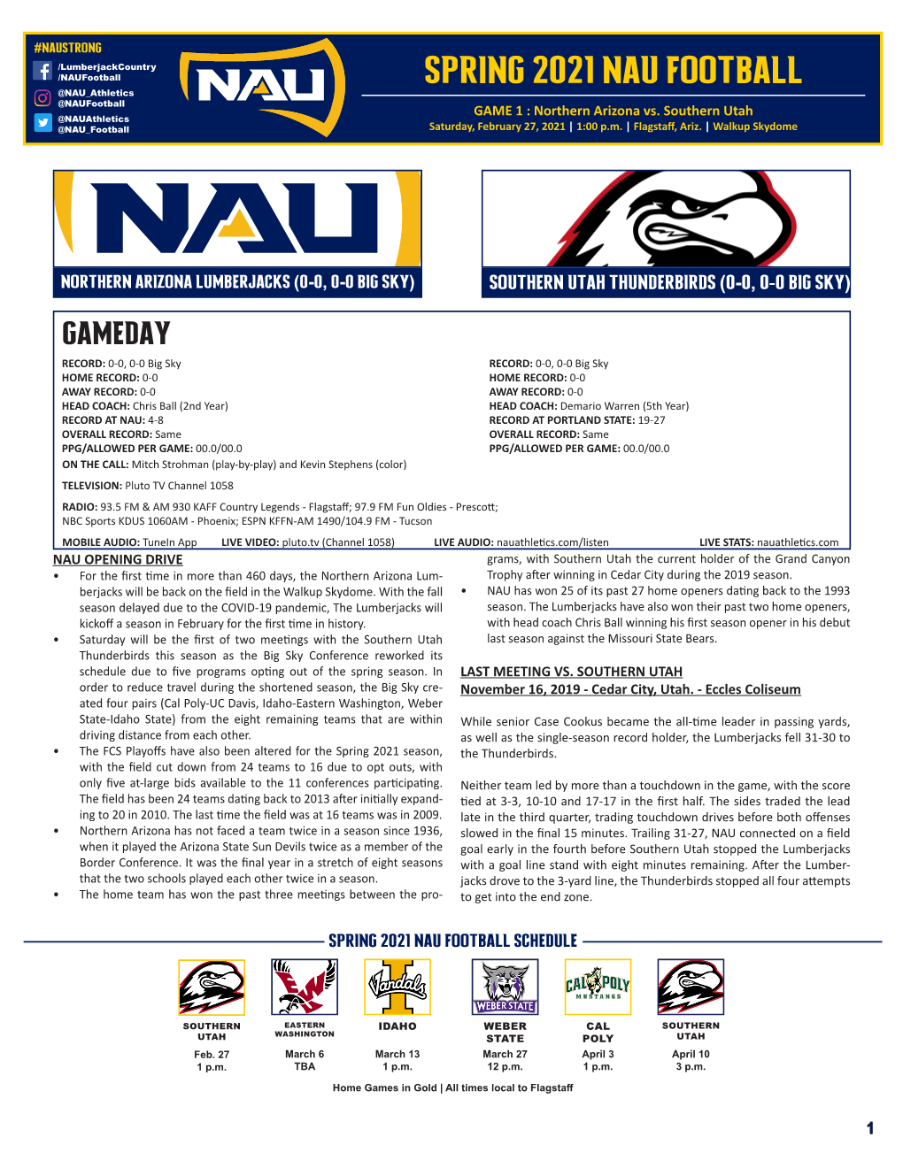 SPRING 2021 NAU FOOTBALL @NAU Athletics @Naufootball @Nauathletics GAME 1 : Northern Arizona Vs