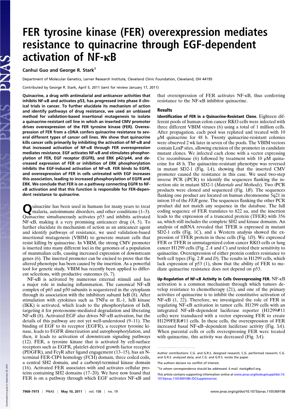 FER Tyrosine Kinase (FER) Overexpression Mediates Resistance to Quinacrine Through EGF-Dependent Activation of NF-Κb