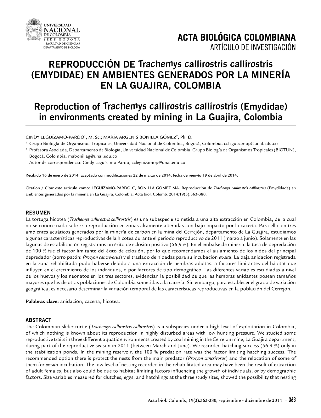 REPRODUCCIÓN DE Trachemys Callirostris Callirostris (EMYDIDAE) EN AMBIENTES GENERADOS POR LA MINERÍA EN LA GUAJIRA, COLOMBIA