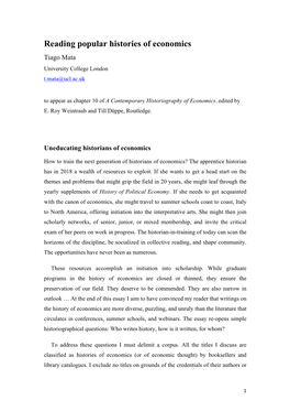 Reading Popular Histories of Economics Tiago Mata University College London T.Mata@Ucl.Ac.Uk to Appear As Chapter 10 of a Contemporary Historiography of Economics