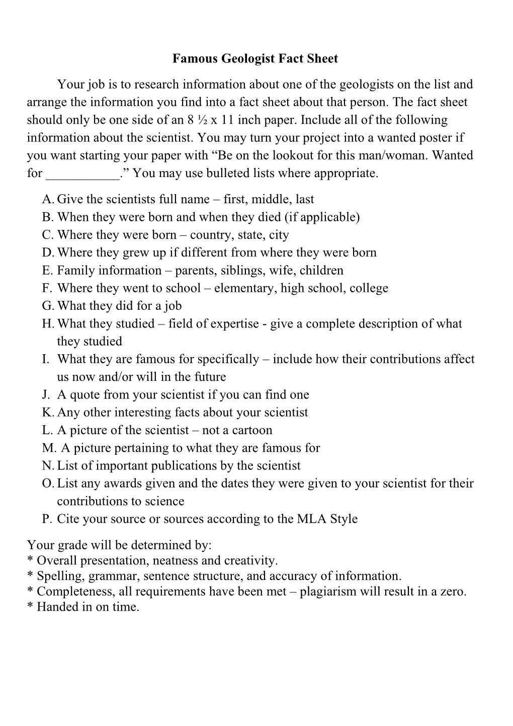 Famous Geologist Fact Sheet Your Job Is to Research Information About