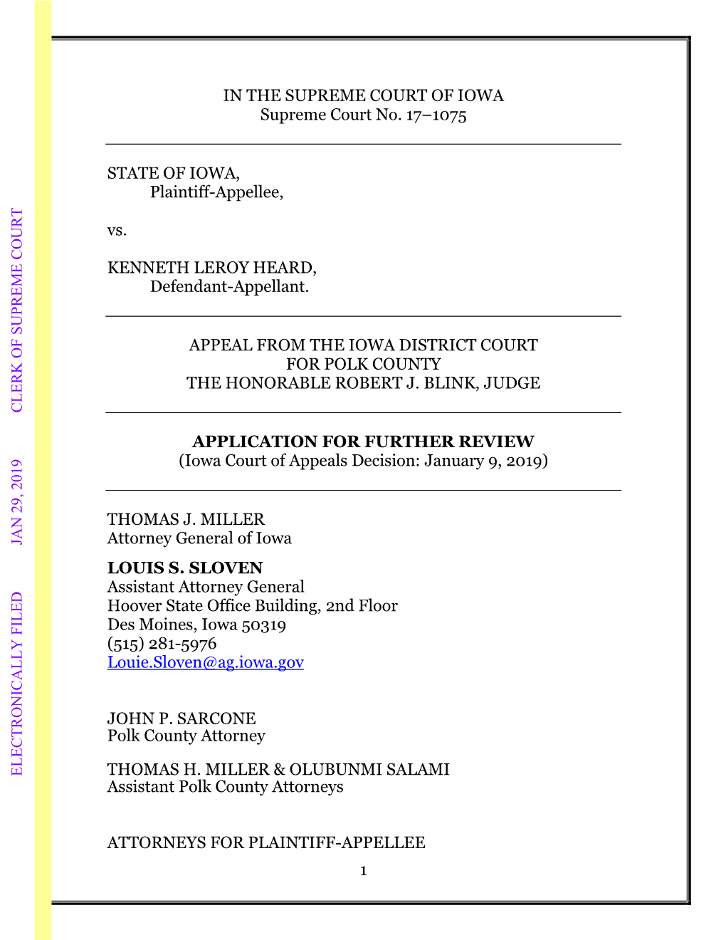 APPLICATION for FURTHER REVIEW (Iowa Court of Appeals Decision: January 9, 2019)