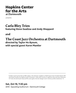 Carla Bley Trios the Coast Jazz Orchestra at Dartmouth
