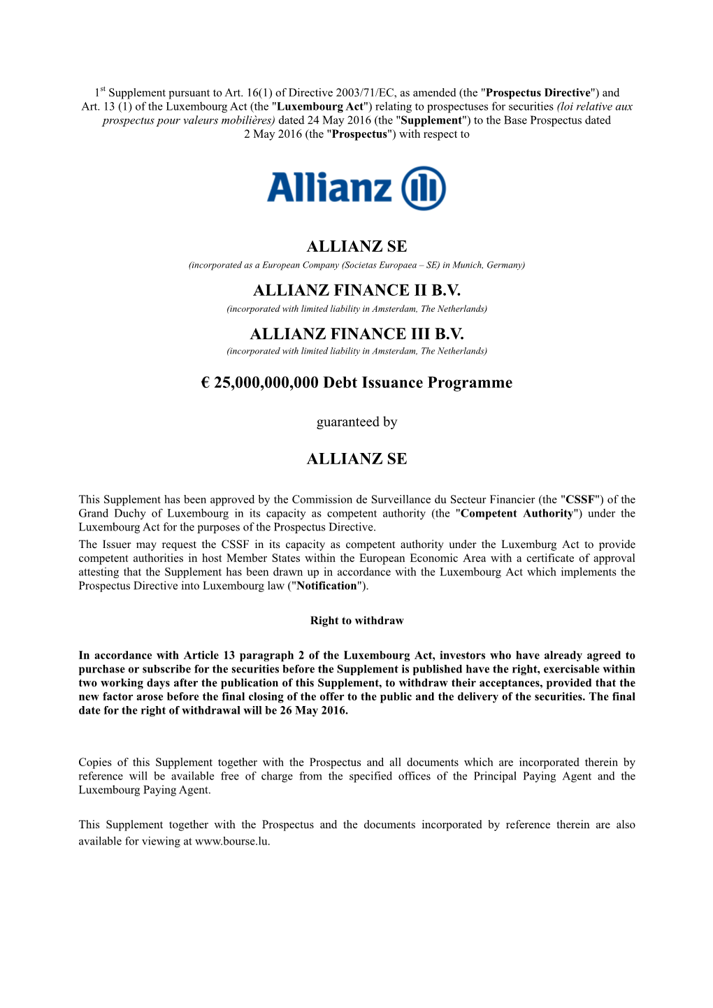 Allianz Se Allianz Finance Ii B.V