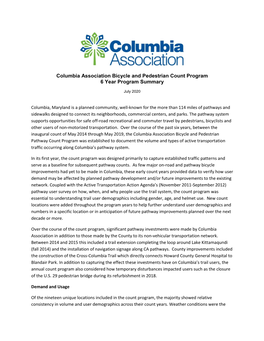 Columbia Association Bicycle and Pedestrian Count Program 6 Year Program Summary