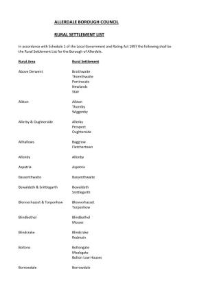 Allerdale Borough Council Rural Settlement List