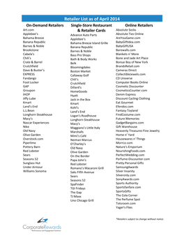 Retailer List As of April 2014