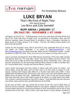 LUKE BRYAN That’S My Kind of Night Tour with Special Guests Lee Brice and Cole Swindell RUPP ARENA | JANUARY 17 on SALE FRI – NOVEMBER 1 at 10AM