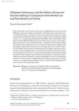 Philippine Technocracy and the Politics of Economic Decision-Making: a Comparison of the Martial Law and Post-Martial Law Periods